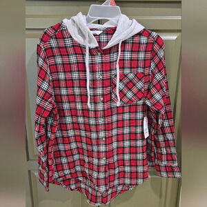 Nwt time & Tru red long sleeve button down flannel with hood